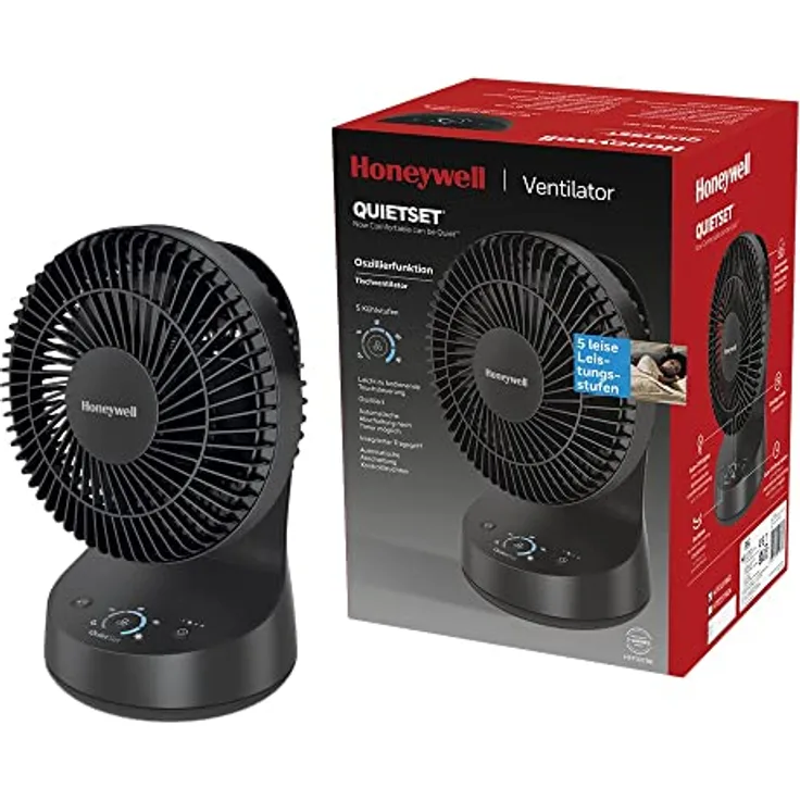 Honeywell QuietSet Oszillierender Tischventilator in Schwarz – Ventilator für einzelne Benutzer und kleine Räume mit leisem Betrieb und 5 Leistungs- und Geräuschstufen: HTF337BE, HTF337BE4