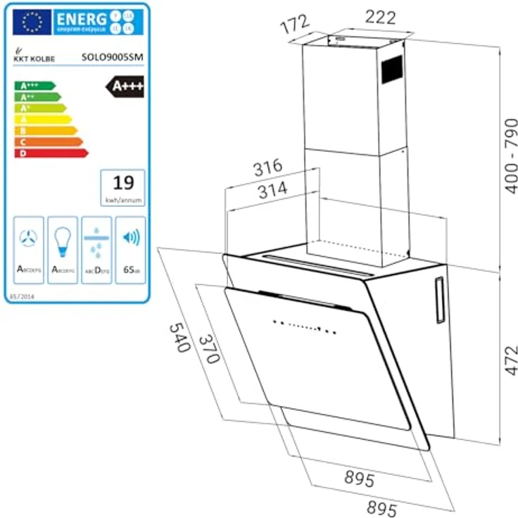 KKT KOLBE SOLO9005SM Dunstabzugshaube 90 cm, A+++ Energieeffizienz, 782 cbm/h, Umluft/Abluft, Smart WiFi, Glas Schwarz, SensorTouch, RGBW LED-Beleuchtung, Nachlaufautomatik – Bild 3