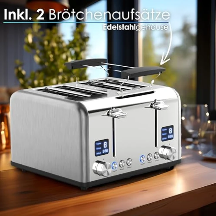 Steinborg SB-2080 4-Scheiben-Toaster, 1630W, inkl. Brötchenaufsatz, Auftaufunktion, Abbruchffunktion, Edelstahl – Bild 3