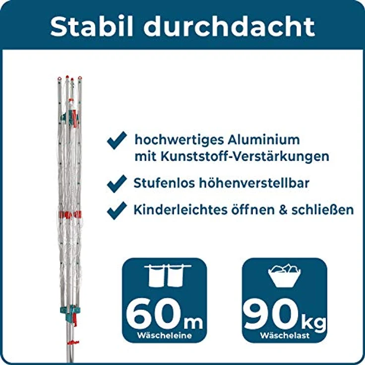 Blome Wäschespinne Medium Plus 60m inkl. Bodenhülse - Wäsche Spinne draußen, Made in Germany – Bild 3
