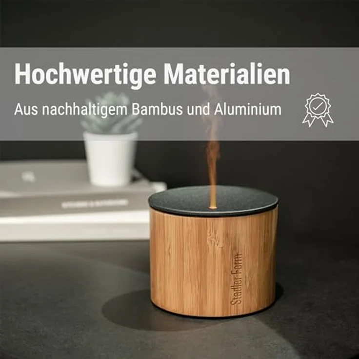 Stadler Form Aroma Diffuser Nora mit Bambus-Gehäuse und Aluminiumdeckel für drinnen und draussen, verströmt ätherische Öle und bezaubert mit Flammen-Effekt kabellos bis 7 h – Bild 3