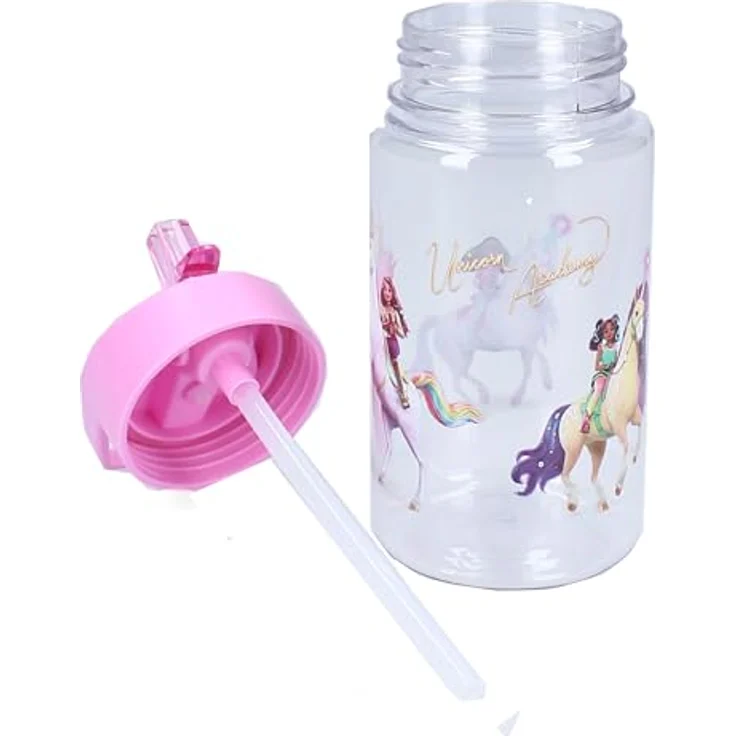 Unicorn Academy Trinkflasche Trinkbecher 450 ml, transparent mit Strohhalm & pinkem Henkel – Bild 5