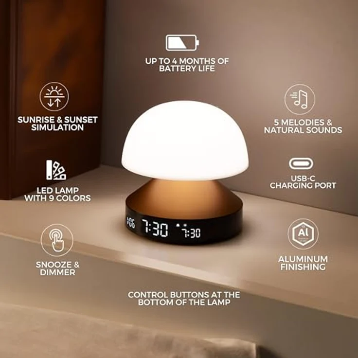 Lexon Mina Sunrise, Sonnenaufgang-Wecker mit LED-Lichttherapie, Touch-Steuerung und Schlummertaste – Bild 6