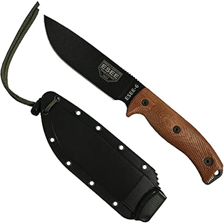 ESEE-6 1095 Karbonstahl-schwarze Klinge, natürliches Segeltuch Micarta 3D-Griff, schwarze Hülle, 6PB-011, Schwarze Klinge, Naturleinwand, Micarta 3D-Griff – Bild 1