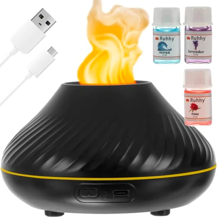 Ruhhy 3-in-1 Aromadiffuser Luftbefeuchter, 0,13 l Wassertank, RGB-LED-Lampe mit Feuereffekt, schwarz – Bild 1