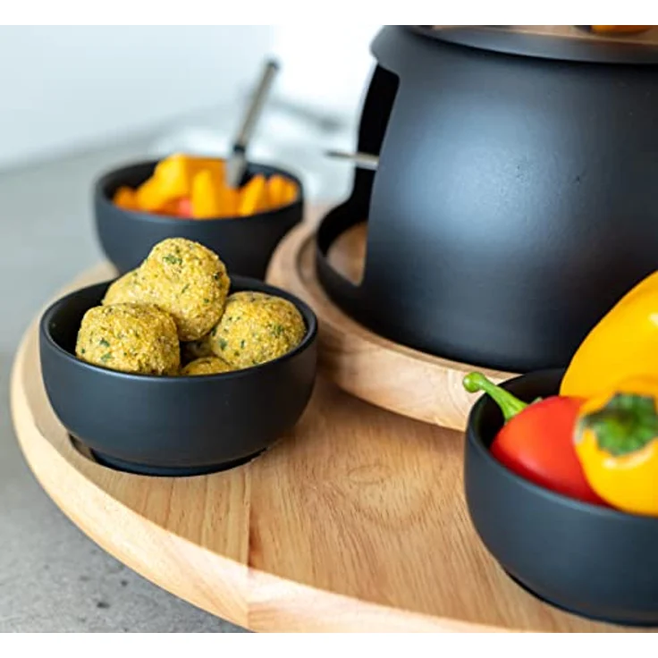 Mäser 931229 Fondue-Set 23-teilig, Edelstahl Fonduetopf inklusive Spritzschutz, Rechaud, Drehkarussell aus Holz, Fonduegabeln, Schälchen, Grau-Schwarz – Bild 3