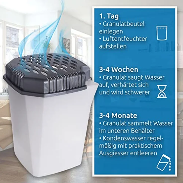 Bestlivings Luftentfeuchter mit Ausgießer ohne Strom, 2x 680gr. Granulat, Wiederverwendbar, hält 4 Monate - Raumentfeuchter für Küche Badezimmer – Bild 2
