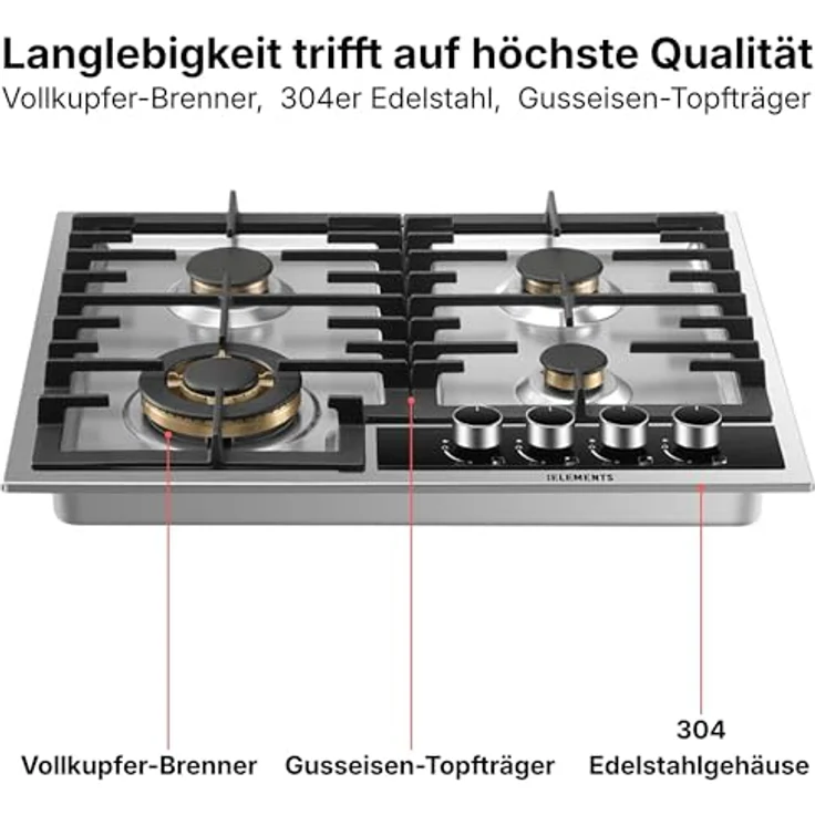 KB ELEMENTS Gaskochfeld ELK60GH2, 4-flammig mit Vollkupfer-Brenner, 60cm, Wok-Dreifachbrenner, Edelstahl 304, automatische Sicherheitsabschaltung, LPG/NG – Bild 4