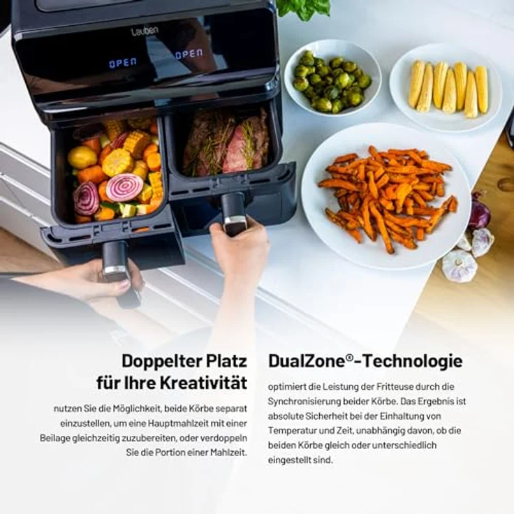 Lauben DualZone® Heißluftfritteuse 8000BC Air Fryer mit zwei Körben, Gesamtvolumen 8l, individuelle Einstellung beider Körbe getrennt, Klarsichtfenster, 8 voreingestellte Programme – Bild 2