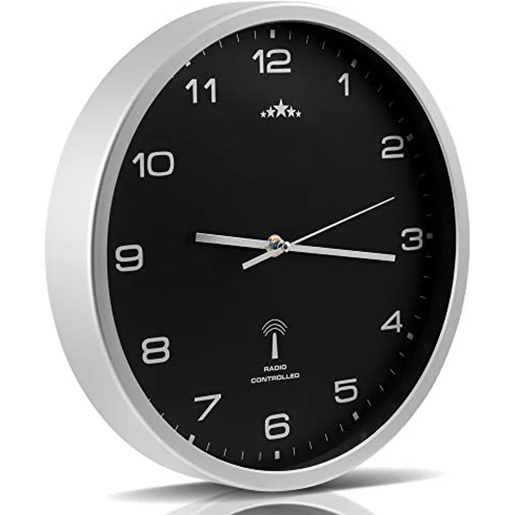 Monzana Wanduhr Funk Automatische Zeitumstellung Geräuscharm Quarzuhrwerk Analog 31 cm Indoor Funkuhr Uhr Schwarz Silber – Bild 3