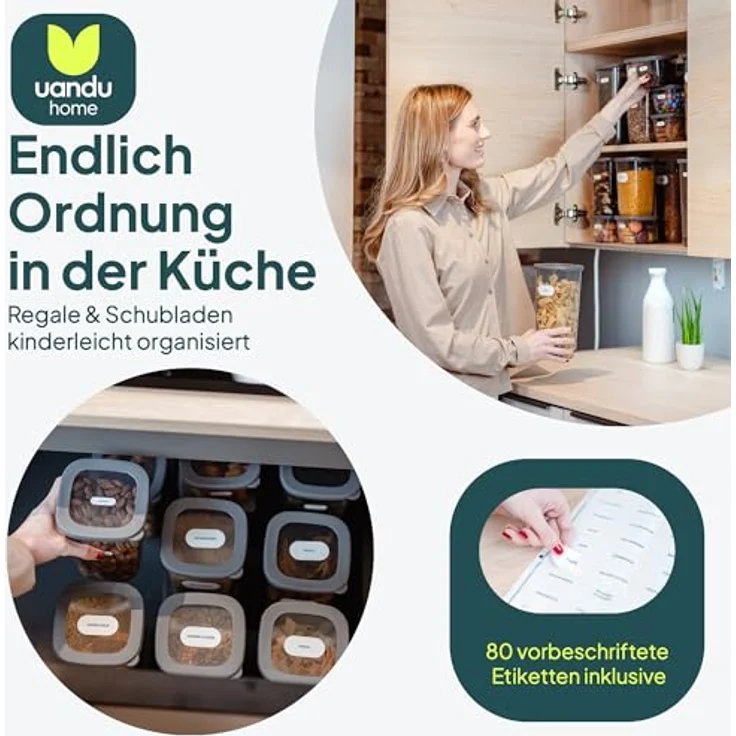 uandu Vorratsdosen mit Deckel Luftdicht - 12er Vorratsbehälter Set | BPA Frei | Transparente Aufbewahrungsdosen für trockene Lebensmittel – Bild 2