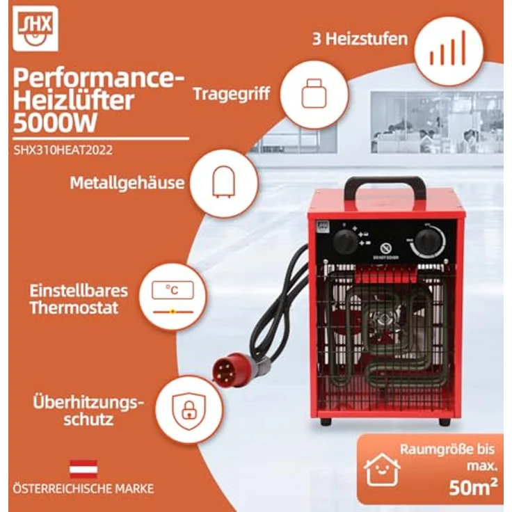 SHX Heizlüfter 5000W SHX310HEAT2022 – 5000 Watt, Heizelement aus rostfreiem Stahl, 3 Betriebsmodi, spritzwassergeschützt, einstellbares Thermostat, Überhitzungsschutz, Tragegriff, rot/schwarz – Bild 2