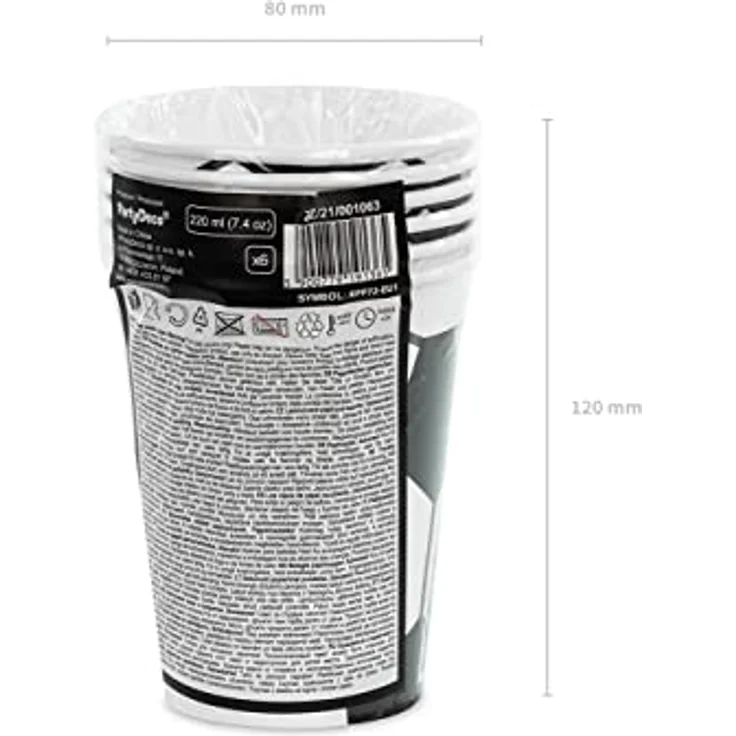 PartyDeco Pappbecher Einweg 6er Set, 220ml, Fußballmuster, schwarz-weiß, kompostierbar, für Kindergeburtstag und Sportpartys – Bild 5
