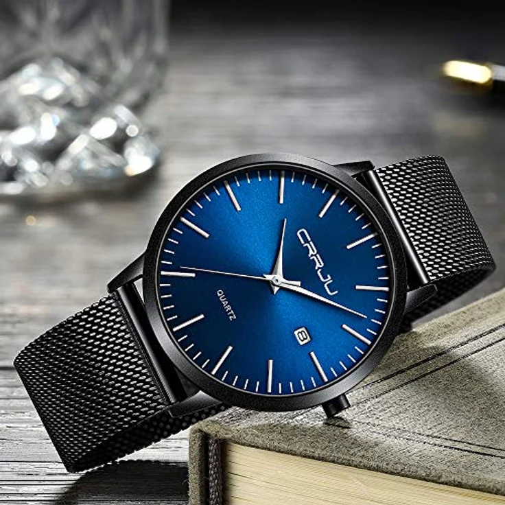 CRRJU Ultra Dünne Herren Uhr, Wasserdichte Armbanduhr mit Schwarz Blauem Zifferblatt und Edelstahlband Mesh, Analog Quarz Business Uhr – Bild 5