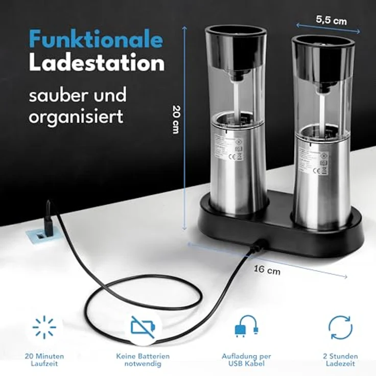 Lebenlang Elektrisches Salz-/Pfeffermühle Set, 2er Set mit Kipp-Sensor, Keramik-Mahlwerk und USB-Akku, gebürsteter Edelstahl – Bild 3