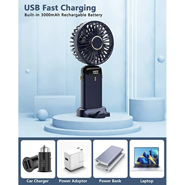 JANREAY Mini-Handventilator, USB-Schreibtischventilator, Kleiner Tischventilator mit 5 Geschwindigkeiten und 3000mAh USB-Akku, Faltbarer Elektrischer Ventilator für Reisen, Büro, Haushalt (Blau) – Bild 4