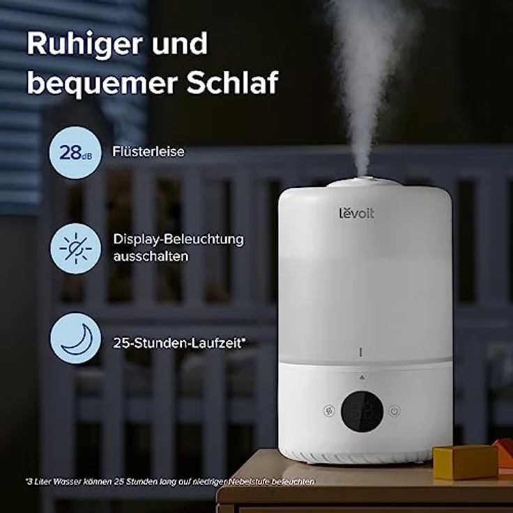 LEVOIT 3L Top Fill Luftbefeuchter, 360° Drehbare Düse Cool Mist Humidifier, 300 ml/H Nebelvolumen, 26dB leise, 25H BPA-Frei Raumluftbefeuchter & Aroma Diffuser für Kinderzimmer Schlafzimmer Pflanzen – Bild 4