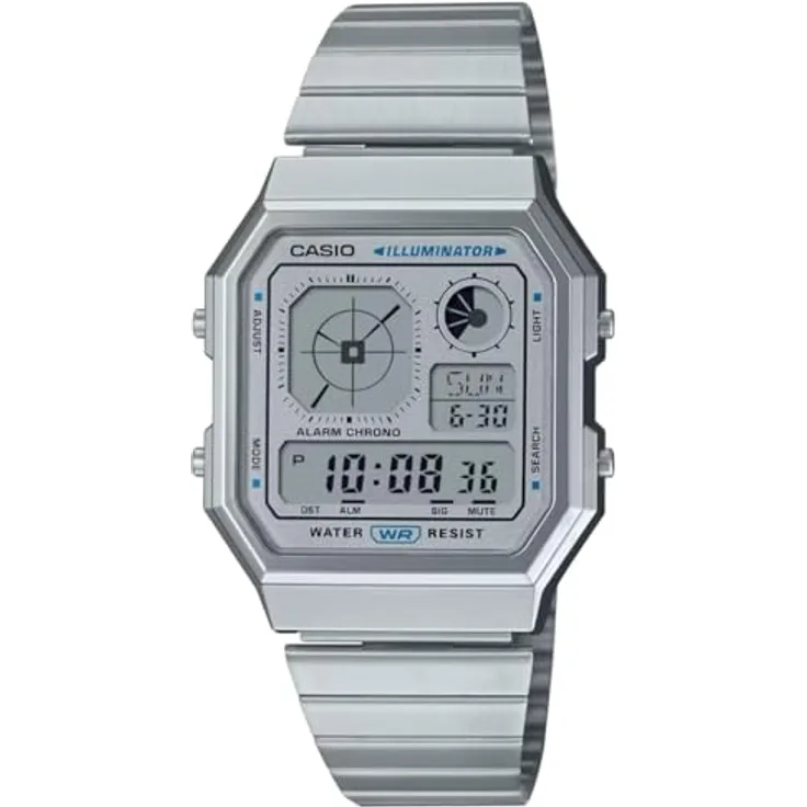 Casio Digitaluhr Edgy Collection A130WE-7AEF, Edelstahlarmband, digitale Anzeige, Alarm, Stoppuhr, Kalender, silberfarben