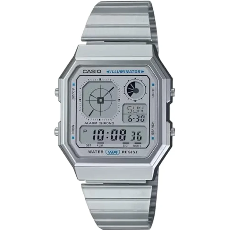 Casio Digitaluhr Edgy Collection A130WE-7AEF, Edelstahlarmband, digitale Anzeige, Alarm, Stoppuhr, Kalender, silberfarben – Bild 1