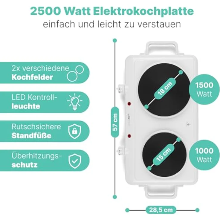 Clatronic Doppelkochplatte DKP 3583, 2 Kochplatten, stufenlos regelbare Thermostate, hohe Standfestigkeit, weiß – Bild 2