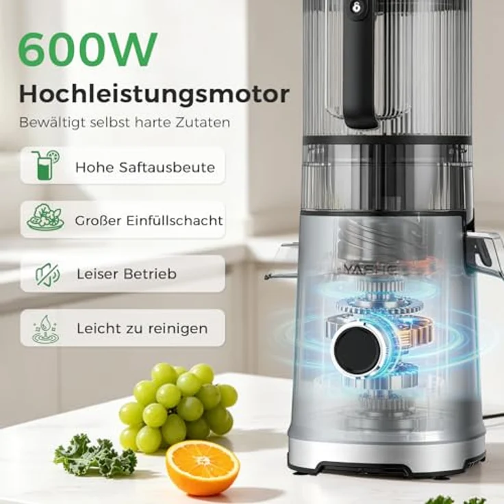 YASHE Slow Juicer, 600W Entsafter mit 150mm Edelstahl-Einfüllschacht, Saftpresse für ganze Früchte & Gemüse, Sorbet & Nussmilch, hohe Saftausbeute, leicht zu reinigen – Bild 4