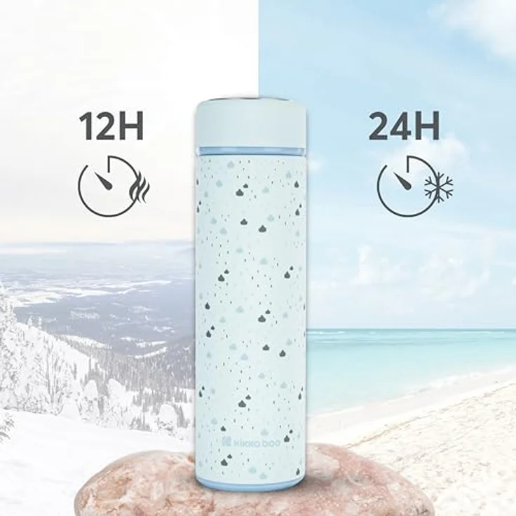 KikkaBoo Savanna, Thermoskanne für Babys, 500 ml Edelstahl, lekfrei mit Teesieb, für heiße und kalte Getränke, blau – Bild 2