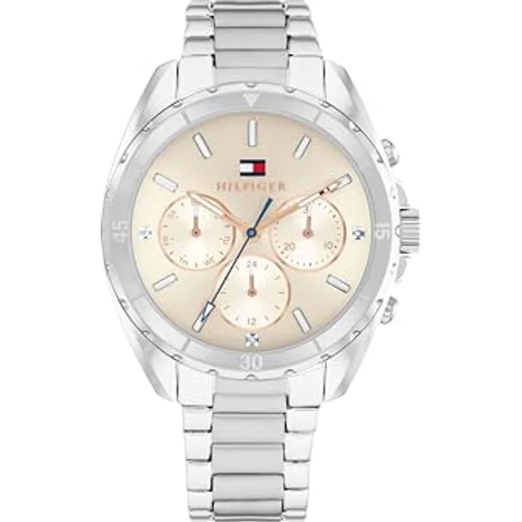 Tommy Hilfiger MELLIE 1782782, Multifunktionsuhr Damen, Quarzuhr, Edelstahlarmband, analog, graues Zifferblatt, silberfarben, mit Glassteinen