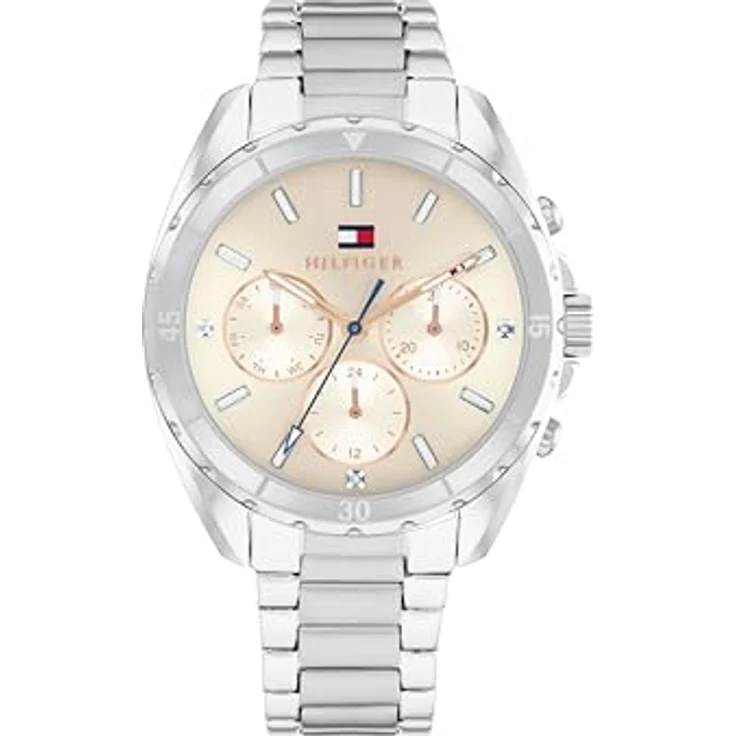 Tommy Hilfiger MELLIE 1782782, Multifunktionsuhr Damen, Quarzuhr, Edelstahlarmband, analog, graues Zifferblatt, silberfarben, mit Glassteinen – Bild 1