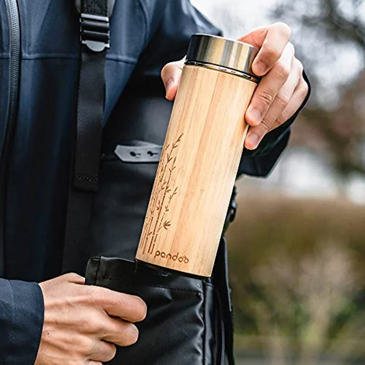 pandoo Bambus Thermobecher - doppelwandige Thermoflasche, Reisebecher, Teebereiter, Teeflasche, Trinkflasche mit Edelstahl Teesieb- BPA-frei - Tea to-go – Bild 2