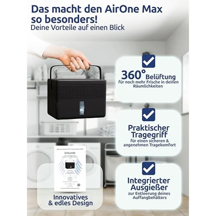 BonAura® AirOne Max, Luftentfeuchter ohne Strom für Räume bis 33m², 360° Belüftung, integrierter Ausgießer, 980g Granulat, Schimmel- und Geruchsschutz – Bild 3