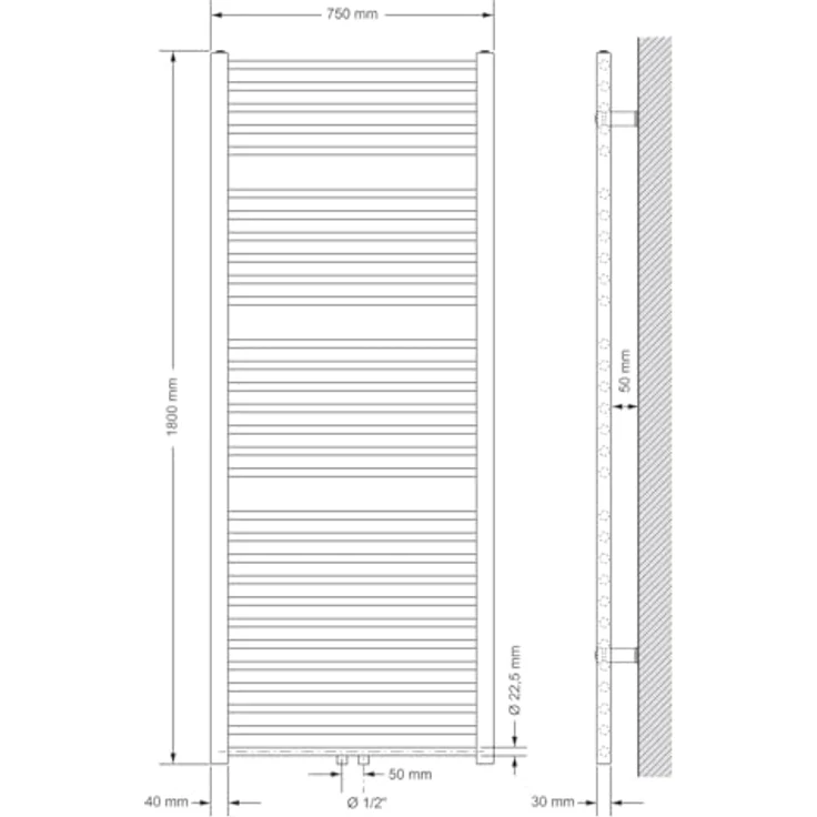 LuxeBath Badheizkörper 750x1800 mm Weiß Gerade Heizkörper mit Mittelanschluss, 1150 Watt Wärmeleistung – Bild 2