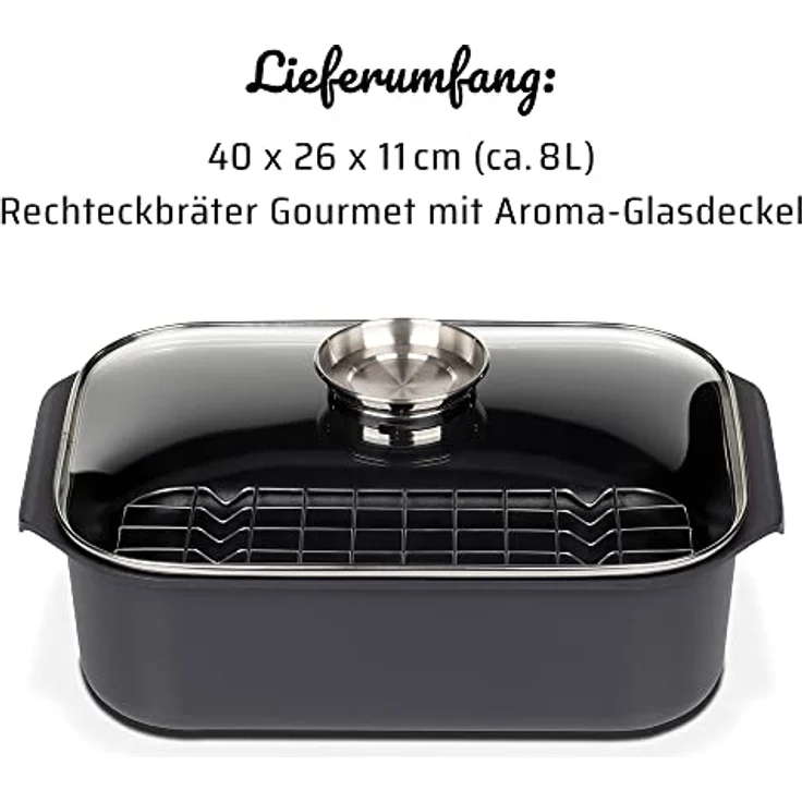 GSW Rechteckbräter Gourmet mit Aroma-Glasdeckel und Grilleinsatz, Aluguss, ø ca. 40 x 26 x H 11cm – Bild 8