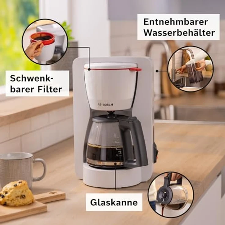 Bosch Filterkaffeemaschine MyMoment TKA2M111,1200 W, Glaskanne 1,25 l, für 10-15 Tassen, 40min Warmhaltefunktion, Weiß matt – Bild 3