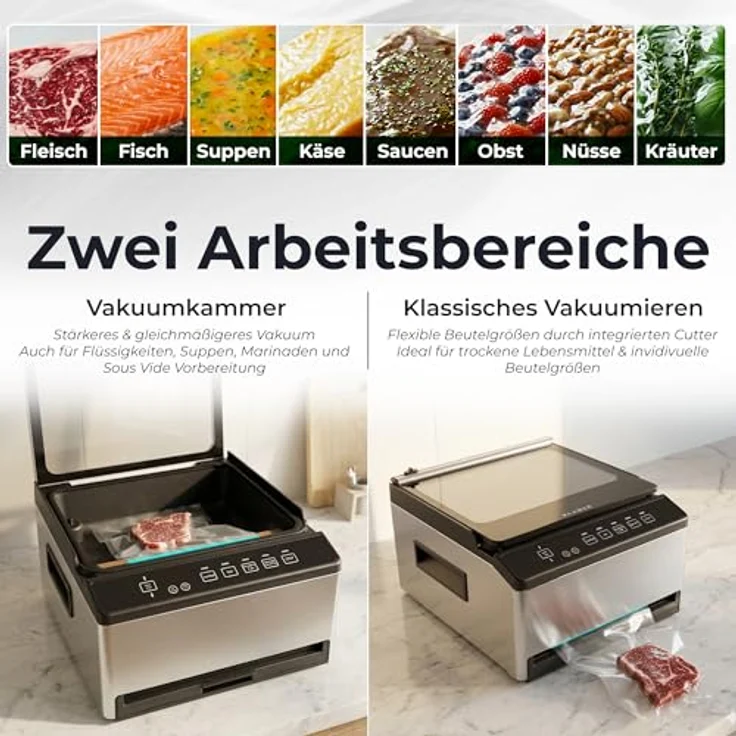 KLAMER Kammervakuumierer Edelstahl, 98 kPa Profi Vakuumiergerät mit Marinier-Funktion, Glasdeckel, einstellbarer Vakuum- und Schweißzeit, ideal für Sous Vide und feuchte Lebensmittel – Bild 3