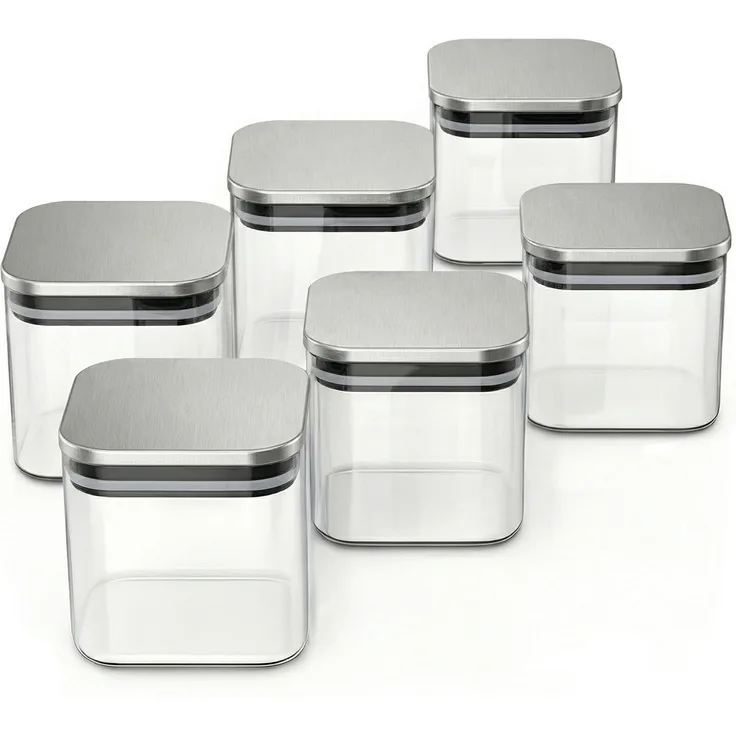 Arendo Vorratsgläser Set 6x 0,8 L Borosilikatglas, eckig, mit Edelstahldeckel, luftdicht, mikrowellengeeignet, transparent, umweltfreundlich, langlebig