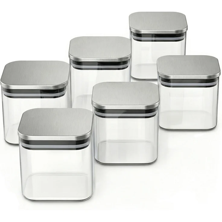 Arendo Vorratsgläser Set 6x 0,8 L Borosilikatglas, eckig, mit Edelstahldeckel, luftdicht, mikrowellengeeignet, transparent, umweltfreundlich, langlebig
