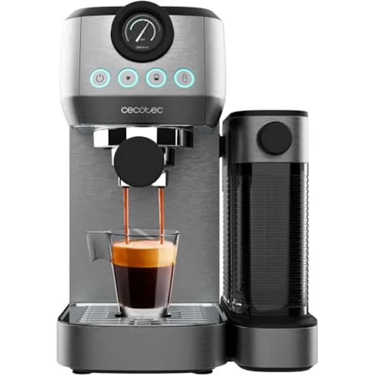 Cecotec Halbautomatische Espressomaschine Power Espresso 20 Steel Pro Latte, 1350 W, ForceAroma-Technologie, Full-Milk-Tank, Instant Cappuccino, Tassenwärmer, Doppelter, Edelstahl