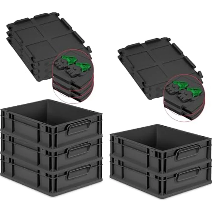 PROREGAL Eurobox NextGen Grip SuperSparSet, 5er Set mit Scharnierdeckel und grünen Schiebeschnappverschlüssen, 11L, Schwarz, HxBxT 12x30x40cm, Transportbehälter – Bild 1
