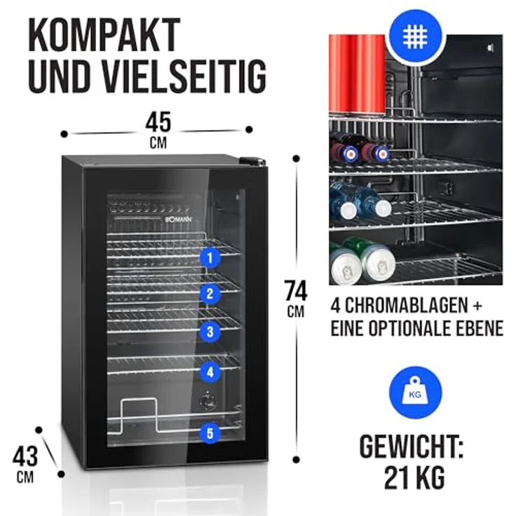 BOMANN Getränkekühlschrank KSG 7287, 63 Liter, 4 Chromablagen, Doppelverglaste Tür, schwarz – Bild 6