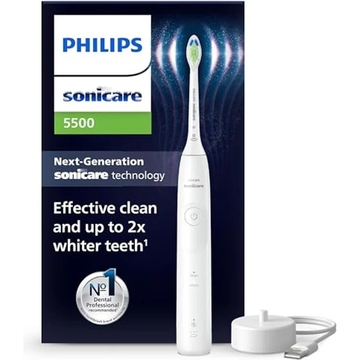 Philips Sonicare 5500 elektrische Zahnbürste, Schallzahnbürste mit Andruckkontrolle, EasyStart, SmarTimer, BrushPacer, Weiß – Bild 1