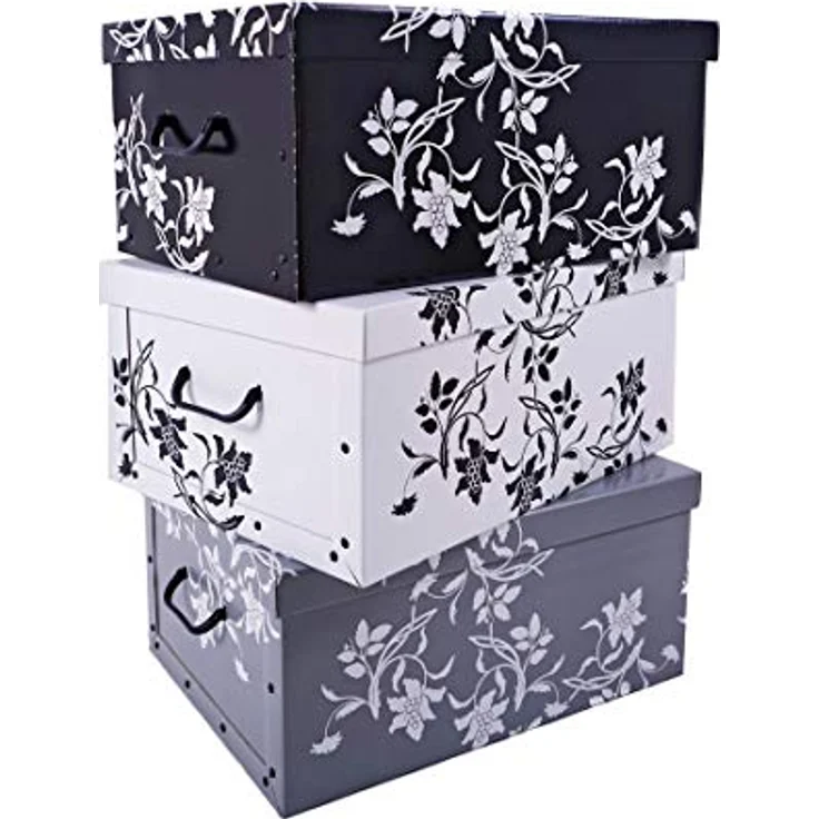 3er Set Aufbewahrungsbox je 51 x 37 cm mit Deckel - Blumenmuster - Stapelbox aus Pappe mit Griffen - Organizer Storage Box Allzweck Spielzeug Kiste Geschenk Karton Barock Design stapelbar – Bild 1