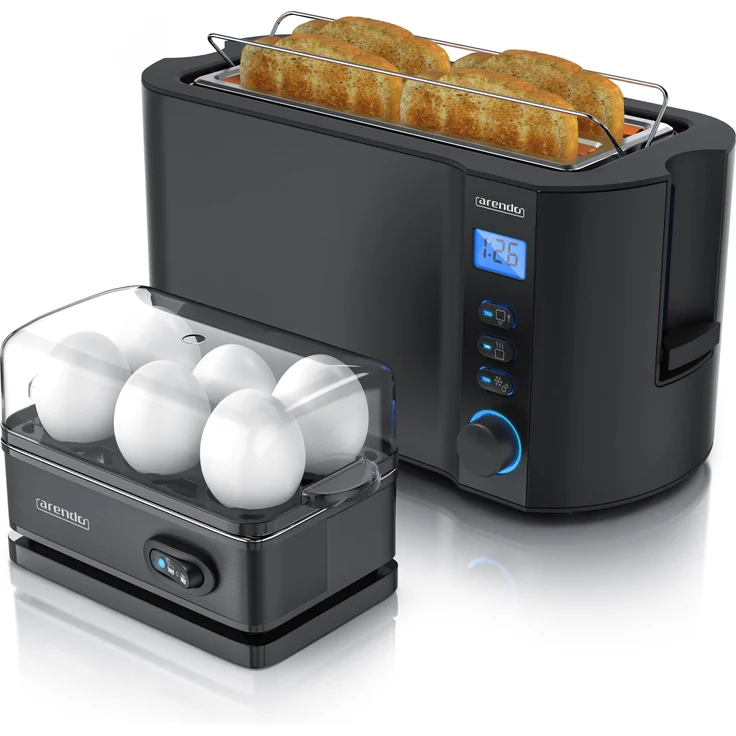 Arendo - Set Toaster MANHA mit Eierkocher SIXCOOK Edelstahl Schwarz, 4 Scheiben, LED-Display, 6 Bräunungsgrade, Brötchenhalter - 1-6 Eier, Messbecher