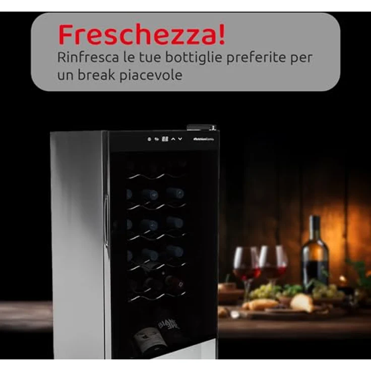 Melchioni Vermentino 18 C, Weinkühler mit Kompressor für 18 Flaschen, freistehend, schwarz, LED-Beleuchtung, Touch-Display, Temperatur 5-18°C, Geräuscharm 43 dB – Bild 4