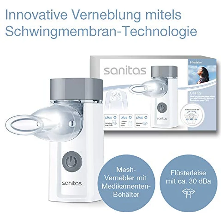 Sanitas SIH 52 Inhalator mit Schwingmembran-Technologie zur Behandlung von Atemwegserkrankungen wie Erkältungen und Asthma, tragbar und leise, für Erwachsene und Kinder geeignet – Bild 3