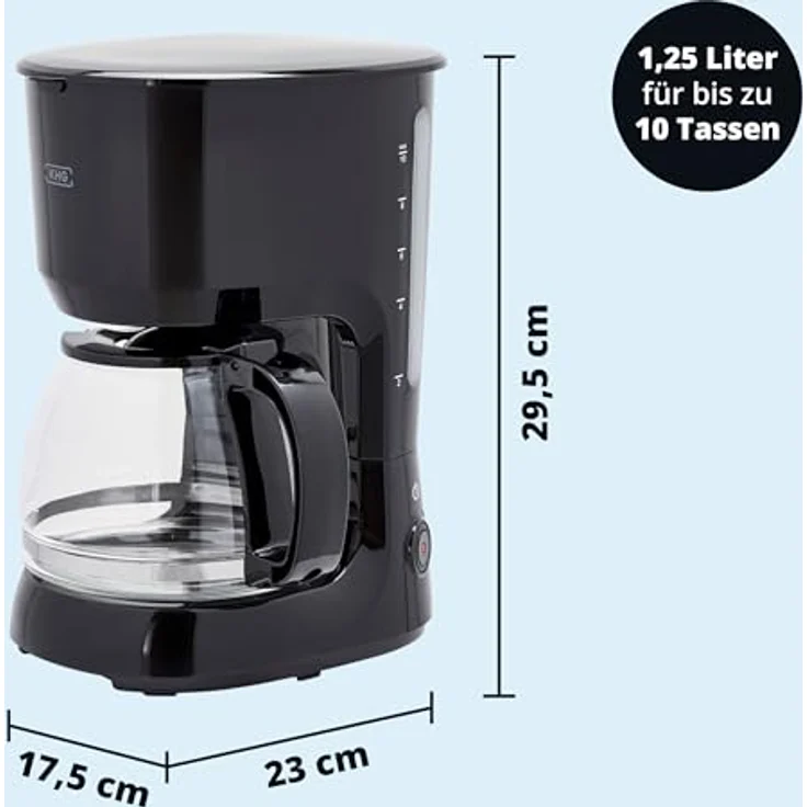 KHG Kaffeemaschine KA-128S, Filterkaffeemaschine mit Glaskanne, Permanentfilter, Warmhaltefunktion, Abschaltautomatik, Tropfstopp, schwarz, 1,25 Liter, 10 Tassen, 750 Watt – Bild 3
