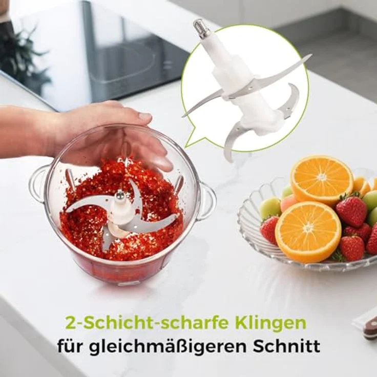 YASHE 1, 8L+2L Elektrischer Zerkleinerer mit Glas- und Edelstahlschüssel, 500W, Schwarz/Edelstahl – Bild 5