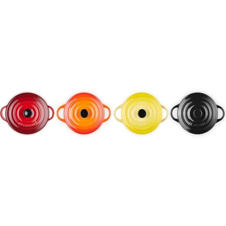 Le Creuset Mini-Cocotte- Bräter-Set, 4-teilig, Rund, Je 200 ml, 10 x 5 cm, Steinzeug, Feuer und Flamme (Gelb-Kirschrot-Ofenrot-Schwarz) – Bild 2