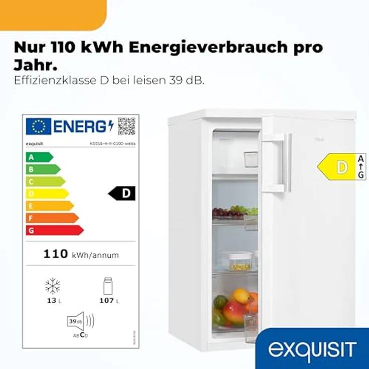 Exquisit KS516-4-H-010D Kühlschrank, freistehend, weiß, LED, Breite 56 cm, Energieklasse D – Bild 3
