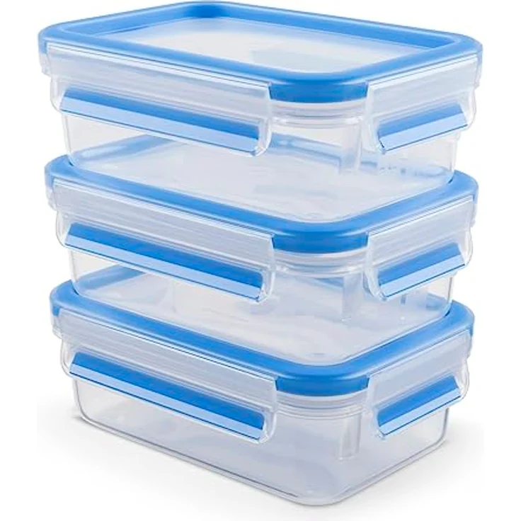 Emsa Clip & Close Frischhaltedosen-Set, rechteckig, 3 x 1 L, 100% dicht, spülmaschinen-, gefrier-, mikrowellenfest, Transparent, Blau, Made in Germany – Bild 1