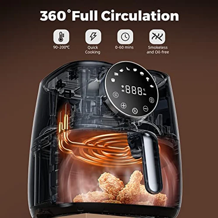 joyami Heißluftfritteuse 5,7L XXL mit Touch-Screen-Steuerung, Ohne Öl, Transparentes Fenster Heissluftfriteuse mit 8 Programmen, Air Fryer 1700W, Schwarz – Bild 5